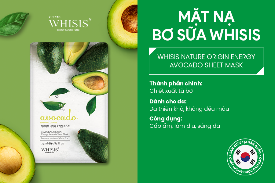 Mặt Nạ Giấy Hàn Quốc Cấp Ẩm WHISIS Nature Origin Energy Avocado Sheet Mask Chiết Xuất Bơ 25ml