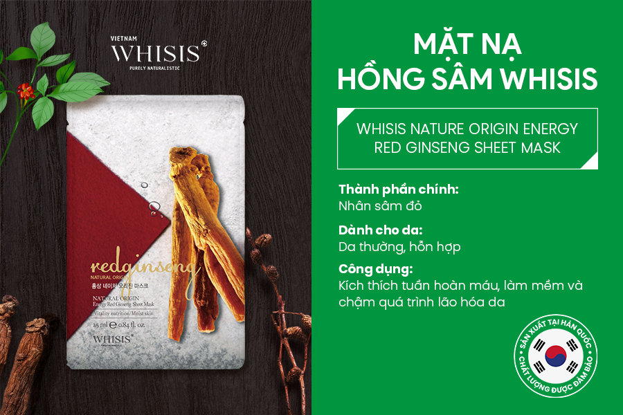 Mặt Nạ Giấy Hàn Quốc WHISIS Nature Origin Energy Red Ginseng Sheet Mask Chiết Xuất Hồng Sâm 25ml