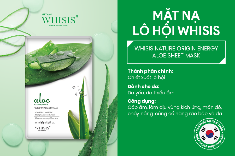Mặt Nạ Giấy Hàn Quốc Cấp Ẩm WHISIS Nature Origin Energy Aloe Sheet Mask Chiết Xuất Lô Hội 25ml