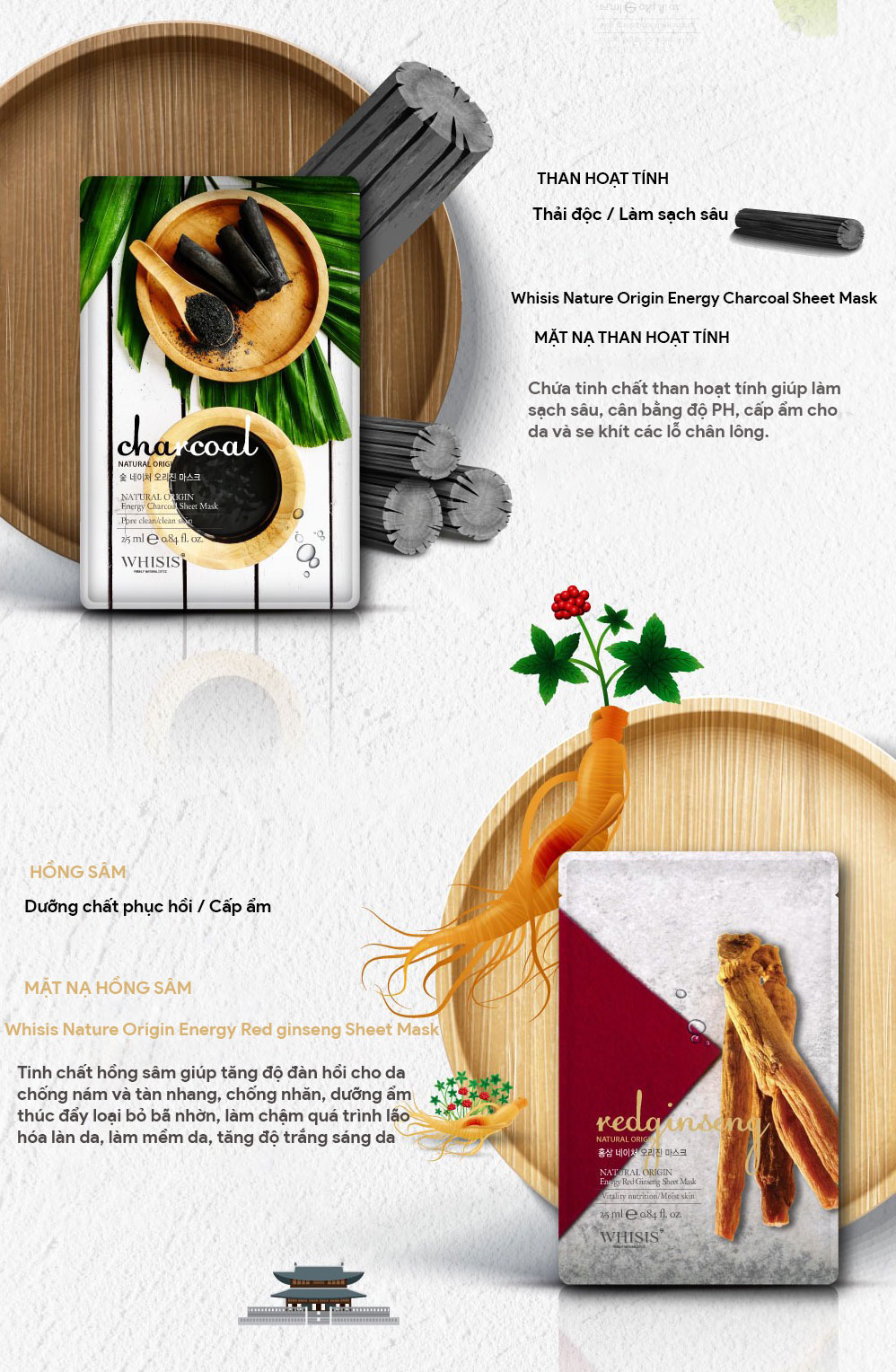 Mặt Nạ Giấy Hàn Quốc WHISIS Nature Origin Energy Red Ginseng Sheet Mask Chiết Xuất Hồng Sâm 25ml